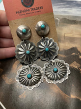 Load image into Gallery viewer, Navajo Turquoise &amp; Sterling Silver Concho Dangle Earrings