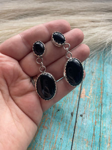 Navajo Sterling Silver & Black Onyx Dangle Earrings