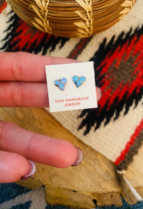 Zuni Sterling Silver & Blue Opal Inlay Stud Heart Earrings
