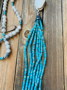 Navajo Howlite, Turquoise & Sterling Silver Pearl Beaded Tassel Necklace