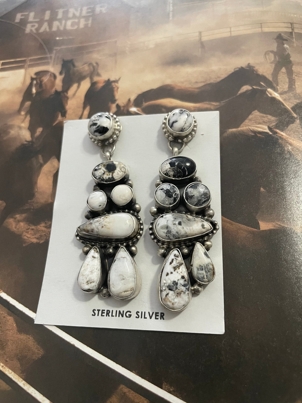 Navajo White Buffalo Cluster Dangle Earrings By Sheila Becenti