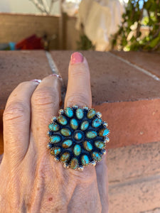 Handmade Round Royston Turquoise And Sterling Silver Adjustable Ring
