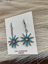 Load image into Gallery viewer, Zuni Turquoise And Sterling Silver Flower Dangle Earrings