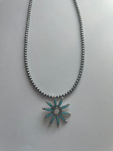 Zuni Sterling Silver & Turquoise Flower Needlepoint Pendant