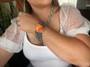 Navajo Orange Spiny & Sterling Silver Navajo Pearls Bracelet 6mm