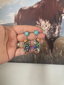 Navajo Sterling Silver Multi Stone Cross Dangle Earrings Signed