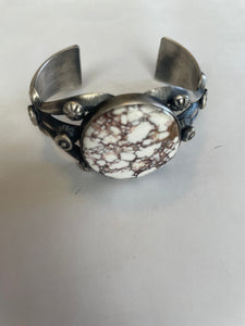 Navajo Wild Horse & Sterling Silver Cuff Bracelet Signed Chimney Butte