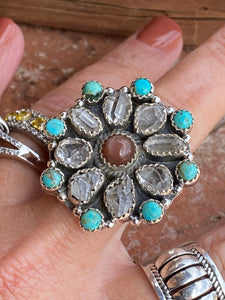 Handmade Garnet Sterling Silver, Turquoise & Herkimer Diamond Cluster Adjustable Ring