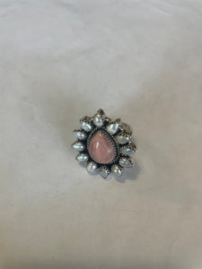 Handmade Sterling Silver, Mother of Pearl & Rhodochrosite Cluster Adjustable Ring Signed Nizhoni