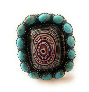 Handmade Sterling Silver, Fordite & Turquoise Cluster Adjustable Ring