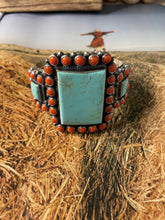 Load image into Gallery viewer, Anthony Skeets Navajo Turquoise, Coral &amp; Sterling Silver Cuff Bracelet Signed