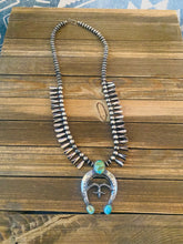 Load image into Gallery viewer, Navajo Sonoran Mountain Turquoise &amp; Sterling Silver Squash Blossom Necklace