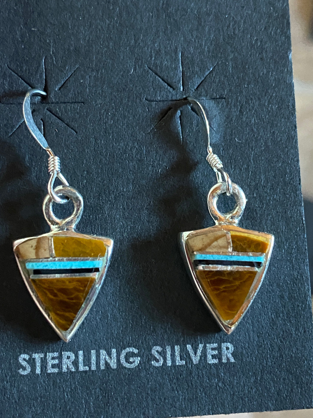 Navajo Turquoise, Onyx, Petrified Wood & Sterling Silver Inlay Petite Triangle Dangle Earrings