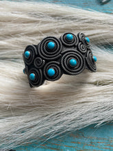 Load image into Gallery viewer, Leander Tahe Turquoise &amp; Sterling Silver Spiral Navajo Bracelet Signed