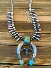 Load image into Gallery viewer, Navajo Sonoran Mountain Turquoise &amp; Sterling Silver Squash Blossom Necklace