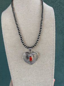 Navajo Coral & Sterling Silver Heart Pendant