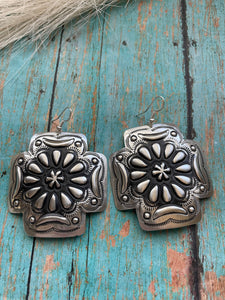 Navajo Sterling Silver Concho Cross Earrings By L Tahe
