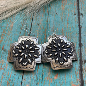 Navajo Sterling Silver Concho Cross Earrings By L Tahe
