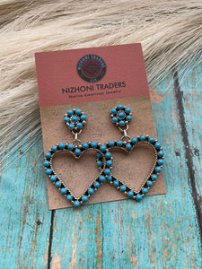 Navajo Sleeping Beauty Turquoise And Sterling Silver Heart Dangle Earrings