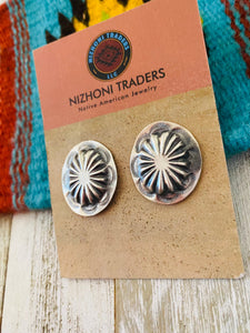 Navajo Sterling Silver Hand Stamped Oval Concho Post Earrings 1”