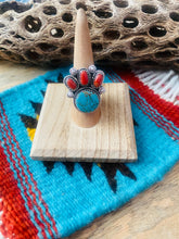 Load image into Gallery viewer, Handmade Sterling Silver, Coral &amp; Number 8 Turquoise Adjustable Ring