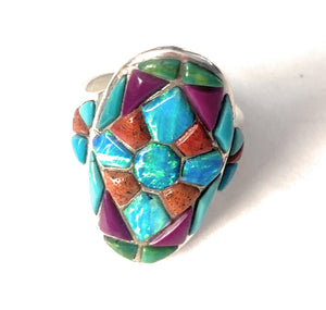 Handmade Sterling Silver & Multi Stone Inlay Ring Size 9.5
