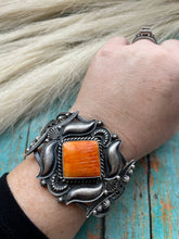 Load image into Gallery viewer, Navajo Orange Spiny Sterling Silver Cuff Bracelet Signed Kevin Billah