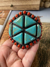 Load image into Gallery viewer, Anthony Skeets Navajo Turquoise, Coral &amp; Sterling Silver Cuff Bracelet Signed