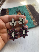 Load image into Gallery viewer, Navajo Purple Spiny, Pearl &amp; Sterling Silver Dangle Earrings Signed Jacquline Silver