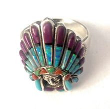 Load image into Gallery viewer, Handmade Sterling Silver &amp; Multi Stone Inlay Indian Chief Ring Size 11.5