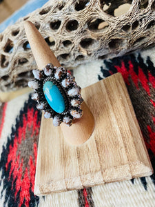 Handmade Sterling Silver, Wild Horse & Turquoise Cluster Adjustable Ring