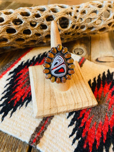 Handmade Sterling Silver, Fordite & Garnet Cluster Adjustable Ring