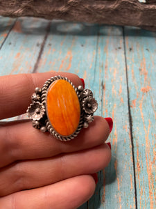 Old Pawn Navajo Sterling Silver & Orange Spiny Ring Size 8