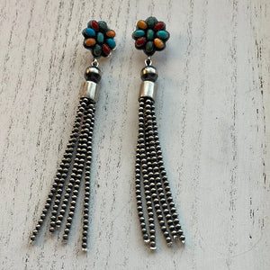 Navajo Sterling Silver Tassel Multi Stone Flower Dangle Earrings Signed