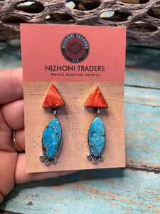 Navajo Sterling Silver Turquoise And Coral Dangle Earrings