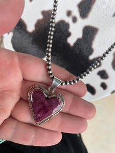 Navajo Purple Spiny And Sterling Silver Heart Pendant Signed