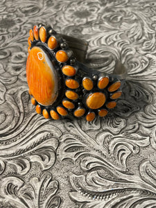 Anthony Skeets Navajo Orange Spiny & Sterling Silver Cuff Bracelet Signed