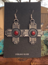 Load image into Gallery viewer, Navajo Coral &amp; Sterling Silver Zia Dangle Earrings By Kevin Billah