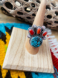Handmade Sterling Silver, Coral & Number 8 Turquoise Adjustable Ring