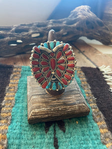Navajo Natural Coral, Kingman Turquoise And Sterling Silver Adjustable Butterfly Ring Signed Janie Wilson