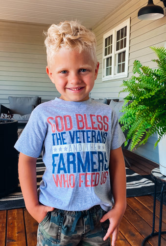 SALE - Kids Tee - God Bless The Veterans & The Farmers Who Feed Us