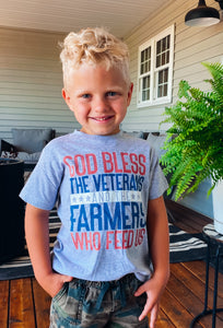 SALE - Kids Tee - God Bless The Veterans & The Farmers Who Feed Us