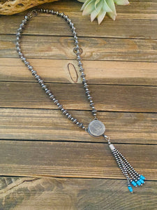 Navajo Turquoise & Sterling Silver Pearl Beaded Coin Tassel Necklace