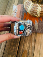 Load image into Gallery viewer, Old Pawn Vintage Navajo Kingman Turquoise, Coral &amp; Sterling Silver Watch Cuff