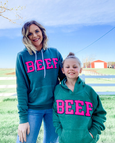 Hoodie - BEEF (Green with Pink Patch)