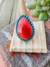 Load image into Gallery viewer, Navajo Red Spiny, Turquoise &amp; Sterling Silver Adjustable Ring