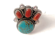Load image into Gallery viewer, Handmade Sterling Silver, Coral &amp; Number 8 Turquoise Adjustable Ring
