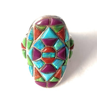Load image into Gallery viewer, Handmade Sterling Silver &amp; Multi Stone Inlay Ring Size 7.75