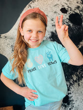 Load image into Gallery viewer, SALE Kids Tee - Peace, Love &amp; Cows