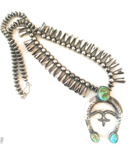 Load image into Gallery viewer, Navajo Sonoran Mountain Turquoise &amp; Sterling Silver Squash Blossom Necklace